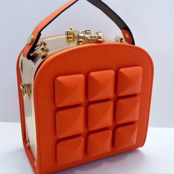 None Handbags - Orange Quilted Block-Accent Top Handle Bag